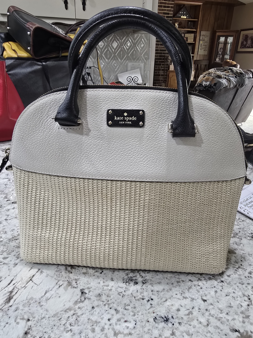 kate spade Cream Woven Dome Satchel with Black Handles